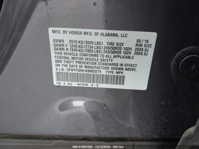 5FNYF5H61KB003274 Honda Pilot Touring
