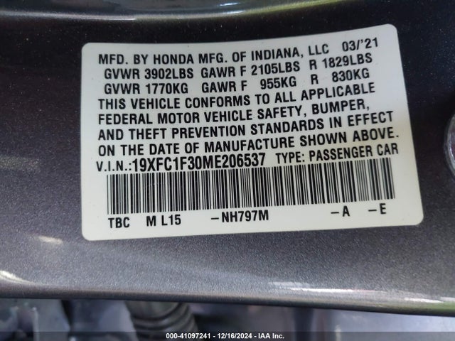 19XFC1F30ME206537 Honda CIVIC EX