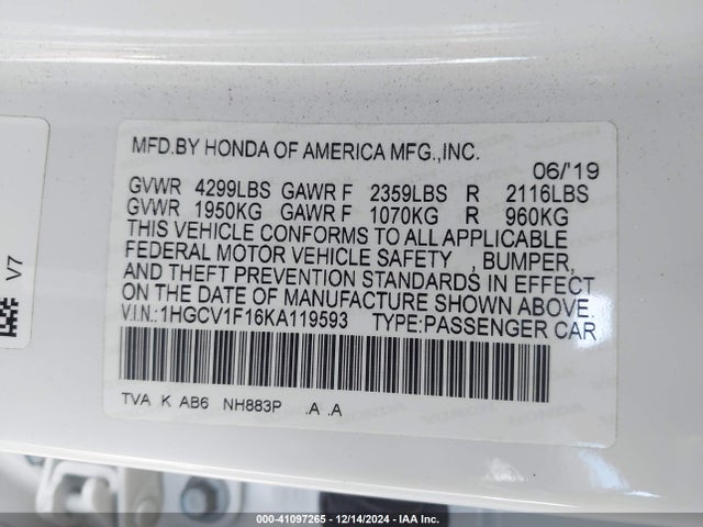 Honda ACCORD LX 2019 1HGCV1F16KA119593 Image 9