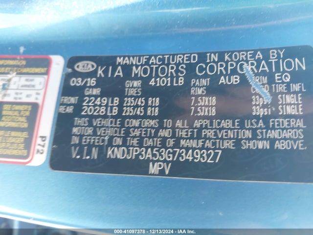 KIA SOUL + 2016 KNDJP3A53G7349327 Image 9
