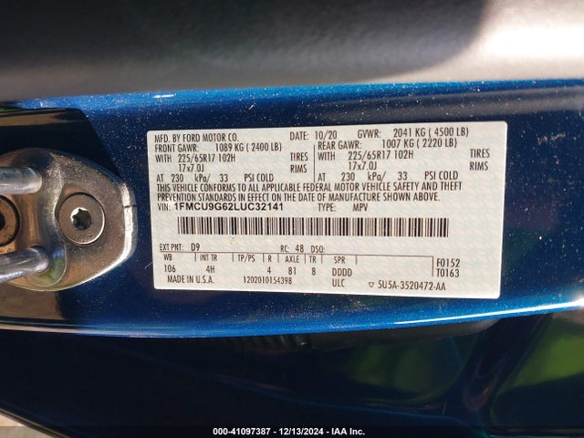 Ford ESCAPE SE 2020 1FMCU9G62LUC32141 Image 9