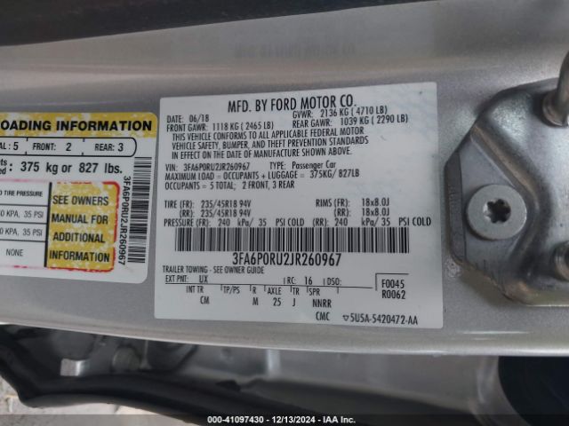 3FA6P0RU2JR260967 Ford Fusion Hybrid Titanium