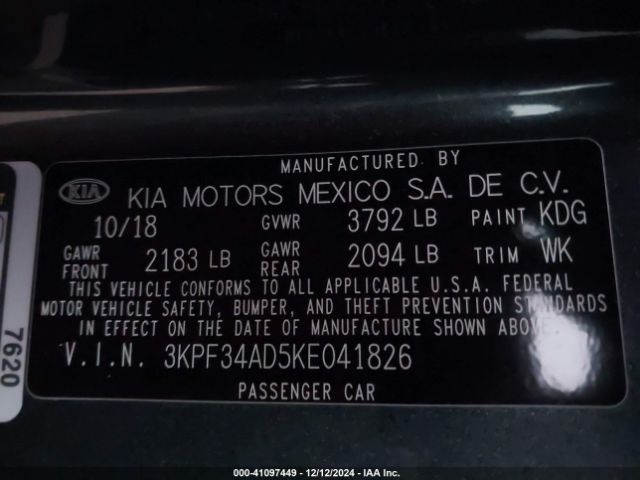 3KPF34AD5KE041826 KIA FORTE S