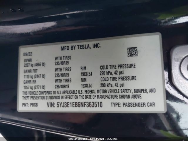 5YJ3E1EB6NF363510 Tesla Model 3 Long Range Dual Motor All-wheel Drive