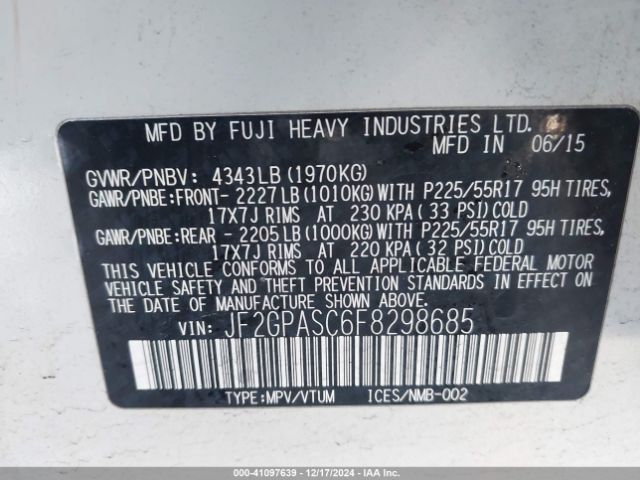 JF2GPASC6F8298685 Subaru Xv Crosstrek 2.0i Limited