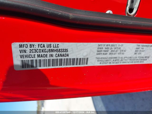 2C3CDXGJ8MH583335 Dodge Charger Scat Pack Widebody Rwd