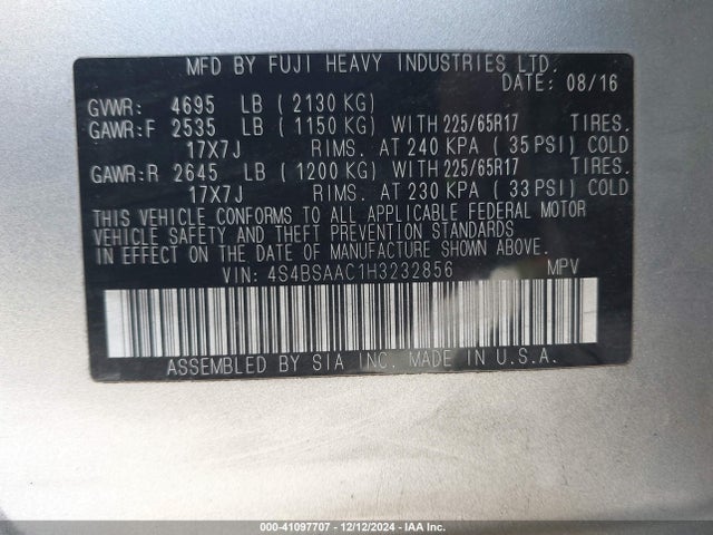 Subaru Outback 2.5i 2017 4S4BSAAC1H3232856 Image 9