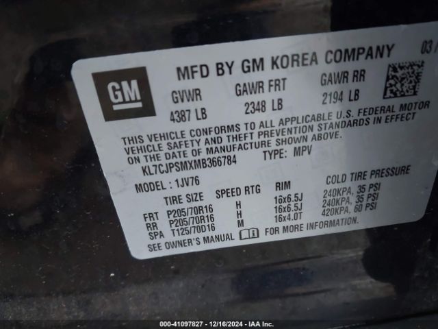 KL7CJPSMXMB366784 Chevrolet Trax Awd Lt