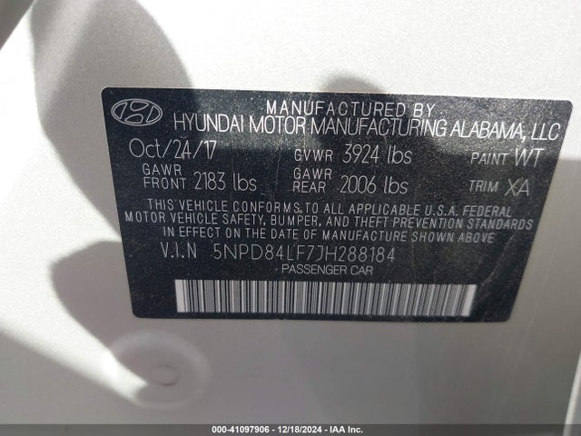 5NPD84LF7JH288184 Hyundai Elantra Limited