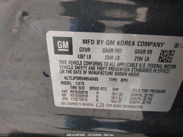 KL7CJPSM5NB546465 Chevrolet Trax Awd Lt