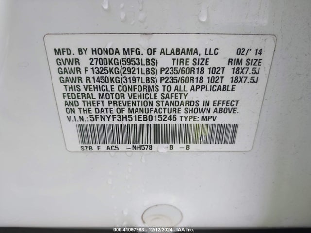 Honda Pilot Ex-l 2014 5FNYF3H51EB015246 Image 9