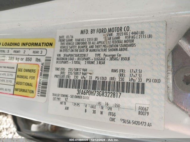 Ford FUSION SE 2016 3FA6P0H73GR322817 Image 9
