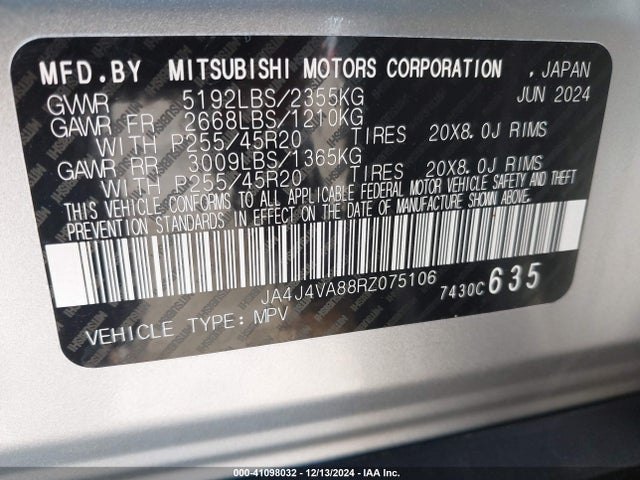JA4J4VA88RZ075106 Mitsubishi Outlander Se 2.5 S-awc/se Black Edition S-awc/se Black Edition W/pano Roof S-awc/se Ralliart S-awc