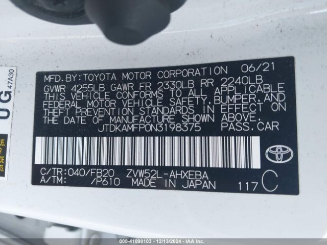 JTDKAMFP0N3198375 Toyota Prius Prime Le