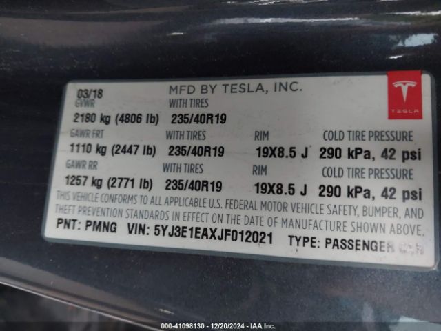 5YJ3E1EAXJF012021 Tesla Model 3 Long Range/mid Range