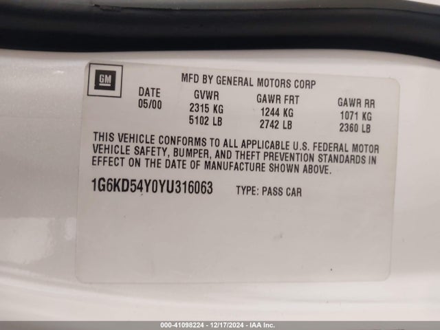 2000 CADILLAC DEVILLE 1G6KD54Y0YU316063 Photo 8