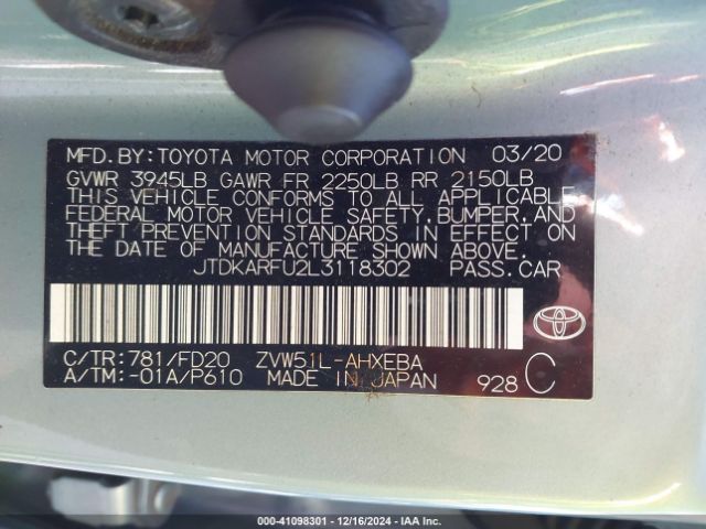 JTDKARFU2L3118302 Toyota Prius Le