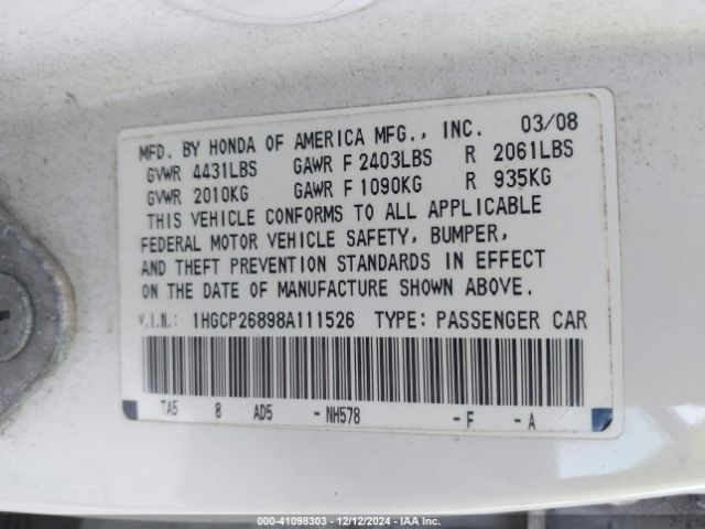 2008 HONDA ACCORD SDN 1HGCP26898A111526 Photo 8