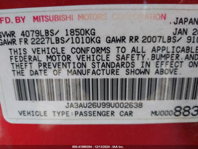 2009 MITSUBISHI LANCER JA3AU26U99U002638 Photo 8