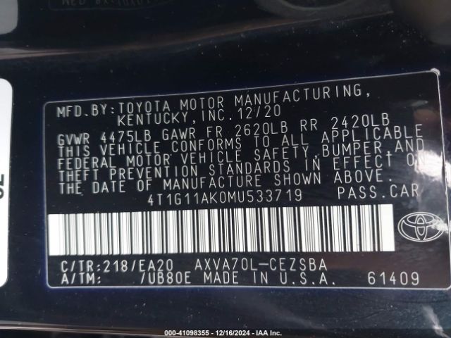 4T1G11AK0MU533719 Toyota CAMRY SE