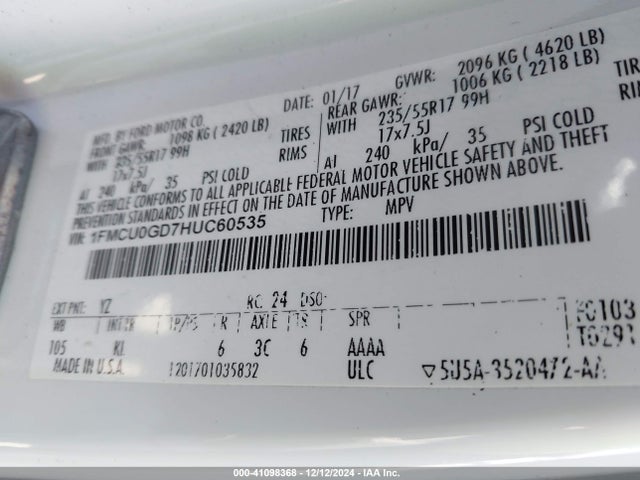 Ford ESCAPE SE 2017 1FMCU0GD7HUC60535 Image 9