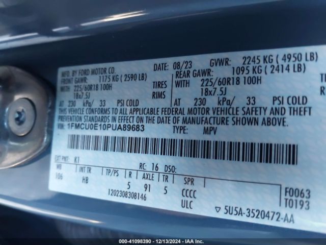 1FMCU0E10PUA89683 Ford Escape Phev