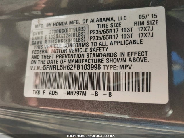 Honda Odyssey Ex-l 2015 5FNRL5H62FB103998 Image 9