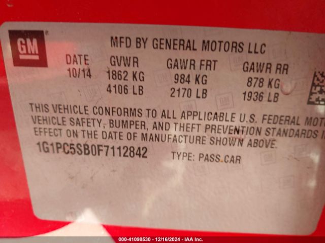 1G1PC5SB0F7112842 Chevrolet Cruze 1lt Auto
