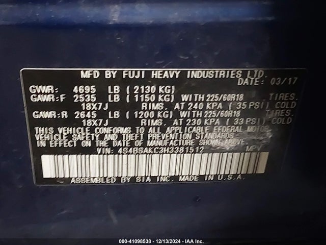 Subaru Outback 2.5i Limited 2017 4S4BSAKC3H3381512 Image 9