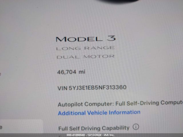 5YJ3E1EB5NF313360 Tesla Model 3 Long Range Dual Motor All-wheel Drive