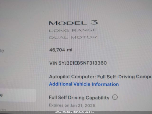 5YJ3E1EB5NF313360 Tesla Model 3 Long Range Dual Motor All-wheel Drive