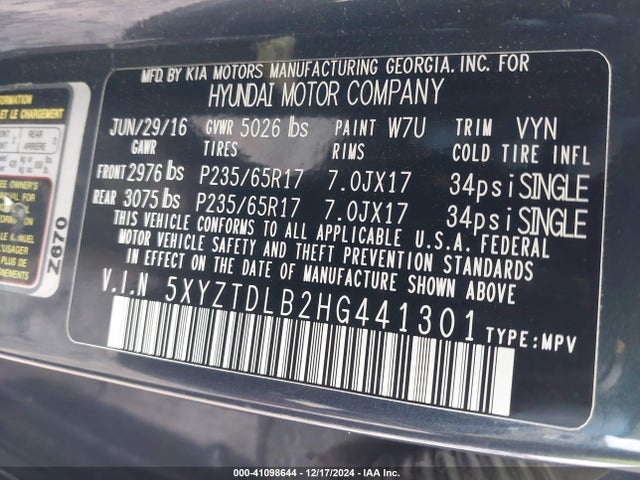 5XYZTDLB2HG441301 Hyundai Santa Fe Sport 2.4l