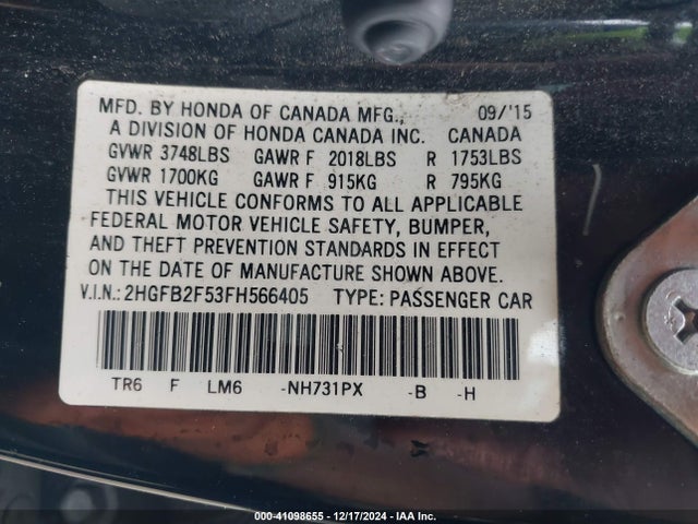 Honda Civic Lx 2015 2HGFB2F53FH566405 Image 9