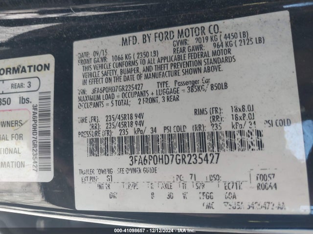 Ford FUSION SE 2016 3FA6P0HD7GR235427 Image 9