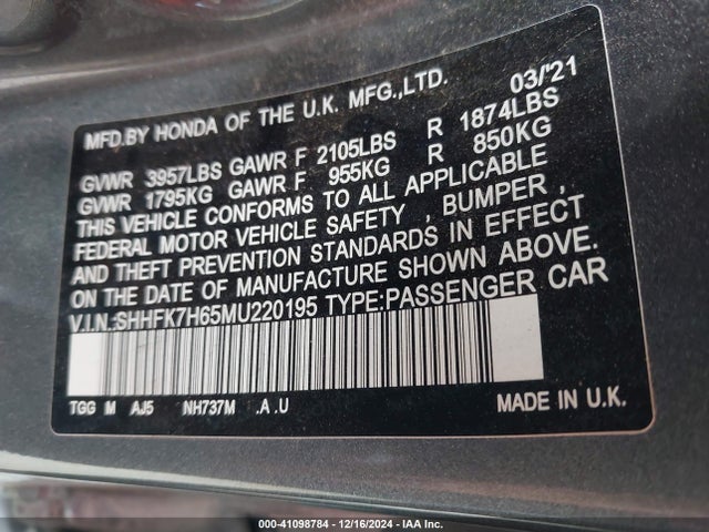 Honda CIVIC EX 2021 SHHFK7H65MU220195 Image 9