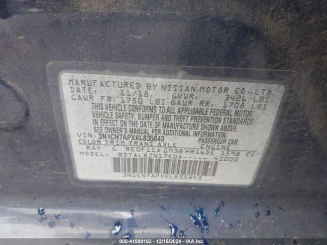 3N1CN7APXKL835843 Nissan Versa 1.6 Sv