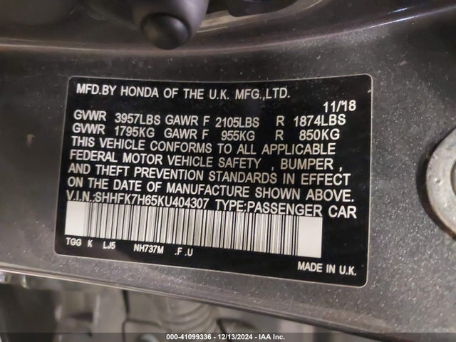 SHHFK7H65KU404307 Honda CIVIC EX