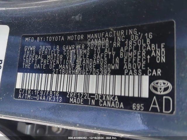 Toyota COROLLA LE 2016 2T1BURHE3GC705392 Image 9