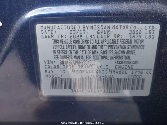 3N1AB7AP5HY301600 Nissan SENTRA SR