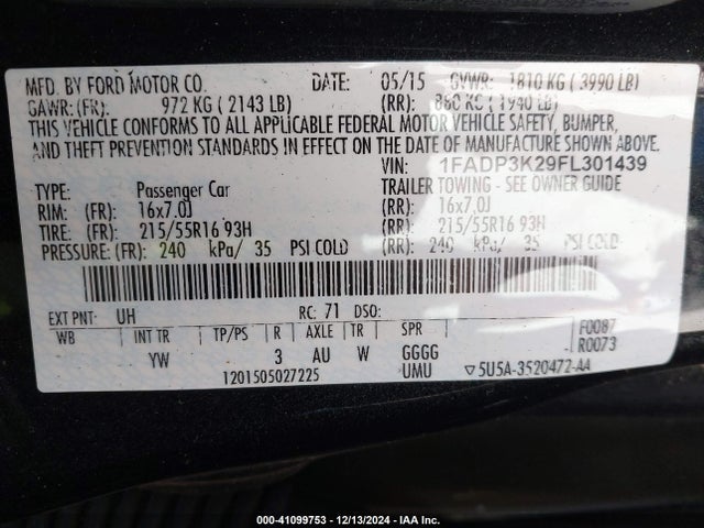 Ford FOCUS SE 2015 1FADP3K29FL301439 Image 9