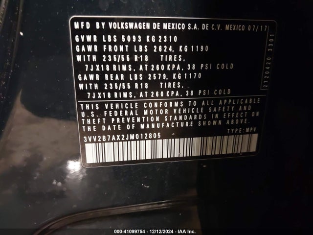 3VV2B7AX2JM012805 Volkswagen Tiguan 2.0t Se/2.0t Sel