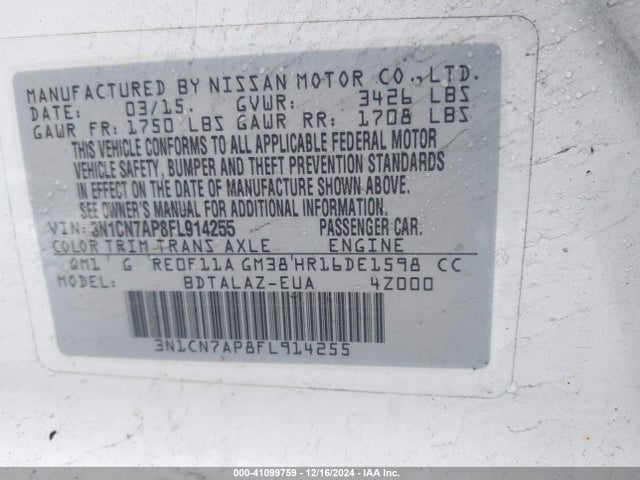 3N1CN7AP8FL914255 Nissan Versa 1.6 S+