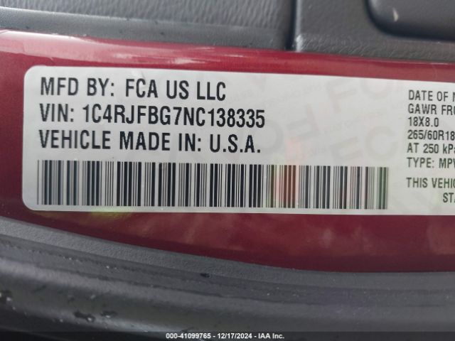 1C4RJFBG7NC138335 Jeep Grand Cherokee Wk Limited 4x4