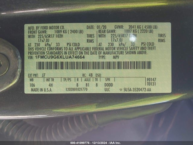 Ford ESCAPE SE 2020 1FMCU9G6XLUA74664 Image 9