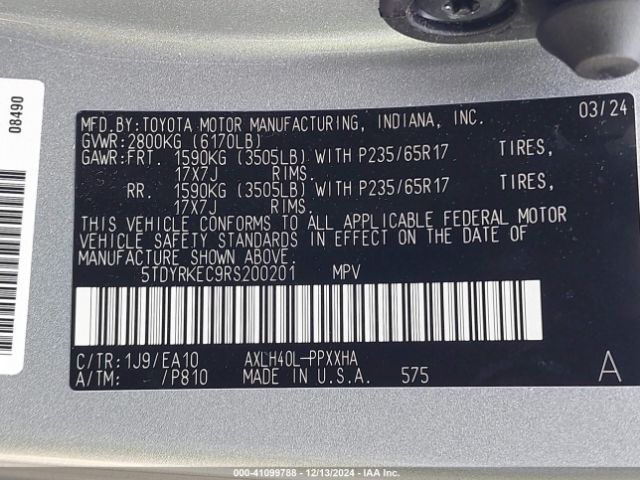 5TDYRKEC9RS200201 Toyota SIENNA XLE