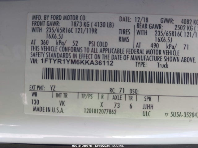 Ford Transit-250 2019 1FTYR1YM6KKA36112 Image 9