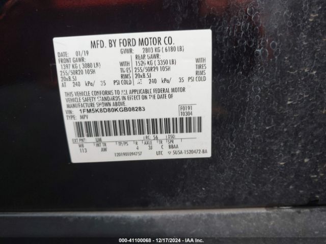 1FM5K8D80KGB08283 Ford EXPLORER XLT