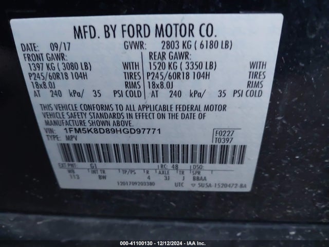 1FM5K8D89HGD97771 Ford EXPLORER XLT