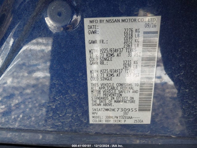 5N1AT2MM2HC730955 Nissan ROGUE S