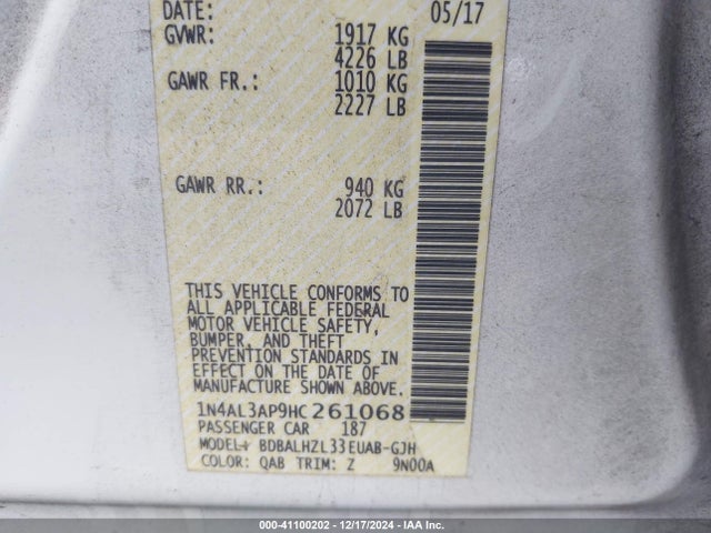 1N4AL3AP9HC261068 Nissan Altima 2.5 Sr